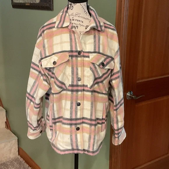 Zara Pink and Cream Plaid Jacket, Size M - Picture 1 of 5